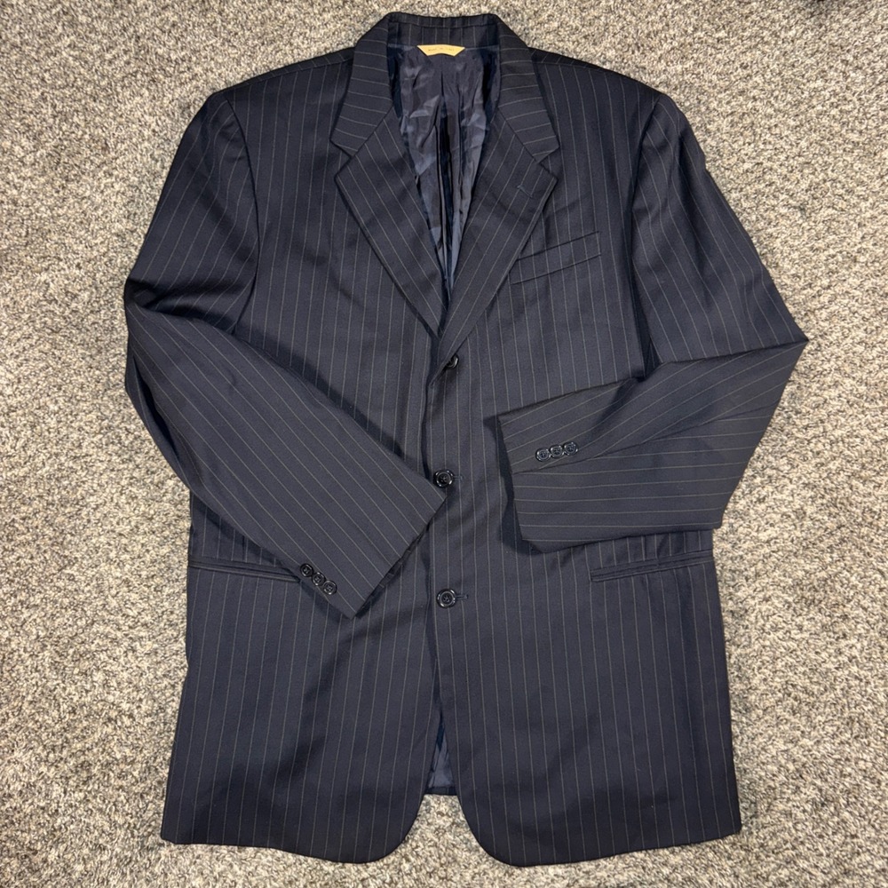Vintage Donna Karan Signature 46L Pinstripe Wool Blazer Navy Black Italy Mens